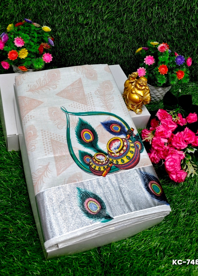 TRENDING KERALA SPECIAL FULL WORK EMBOSSED DIGITAL PRINTING TISSUE SAREE COLLECTIONS - WHITE (2)