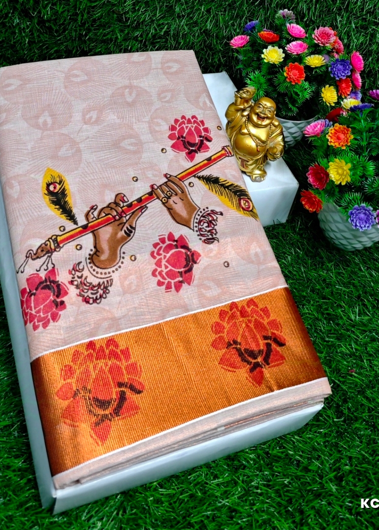 TRENDING KERALA SPECIAL FULL WORK EMBOSSED DIGITAL PRINTING TISSUE SAREE COLLECTIONS - CREAM (2)