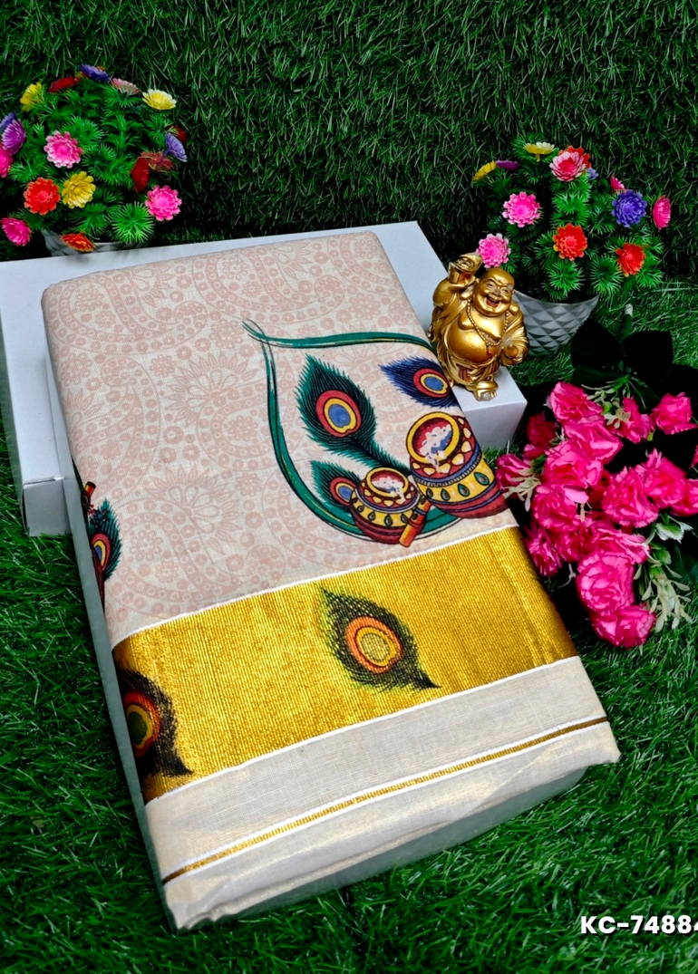 TRENDING KERALA SPECIAL FULL WORK EMBOSSED DIGITAL PRINTING TISSUE SAREE COLLECTIONS - PETCH