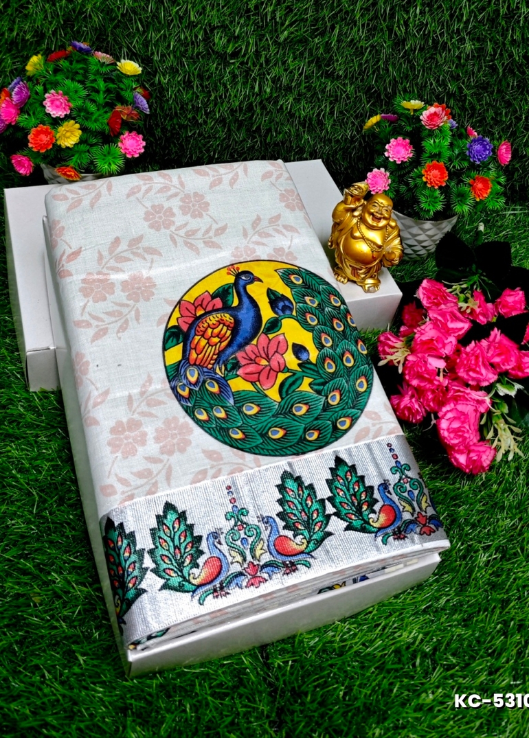 TRENDING KERALA SPECIAL FULL WORK EMBOSSED DIGITAL PRINTING TISSUE SAREE COLLECTIONS - WHITE (4)