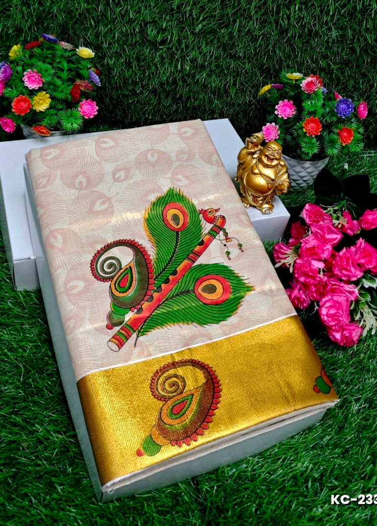 TRENDING KERALA SPECIAL FULL WORK EMBOSSED DIGITAL PRINTING TISSUE SAREE COLLECTIONS - WHITE (7)