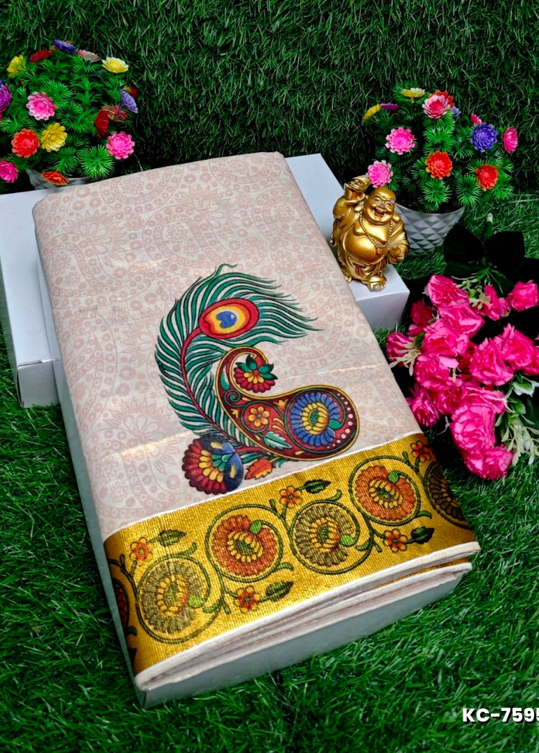 TRENDING KERALA SPECIAL FULL WORK EMBOSSED DIGITAL PRINTING TISSUE SAREE COLLECTIONS - CREAM (3)