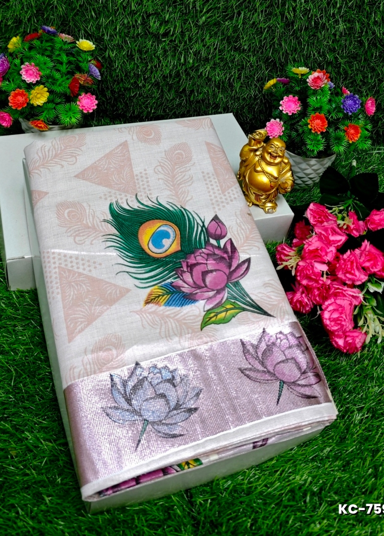 TRENDING KERALA SPECIAL FULL WORK EMBOSSED DIGITAL PRINTING TISSUE SAREE COLLECTIONS - WHITE (8)