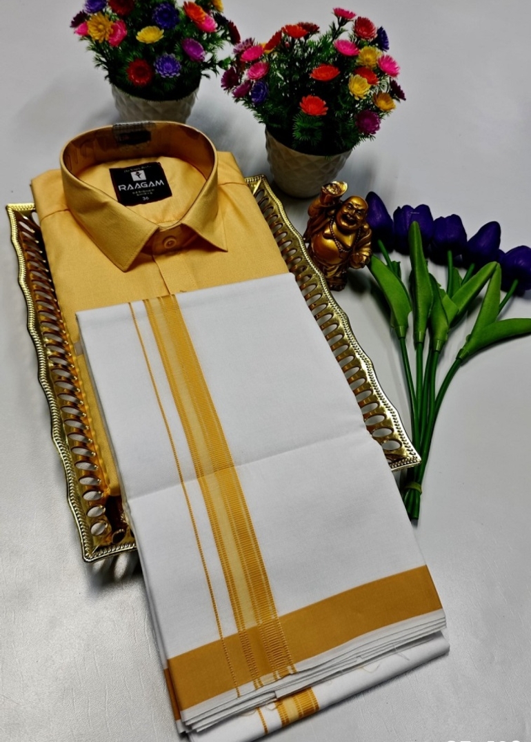 TRADITIONAL MEN  DHOTI SHIRT  TRENDING COLLECTION - GOLD