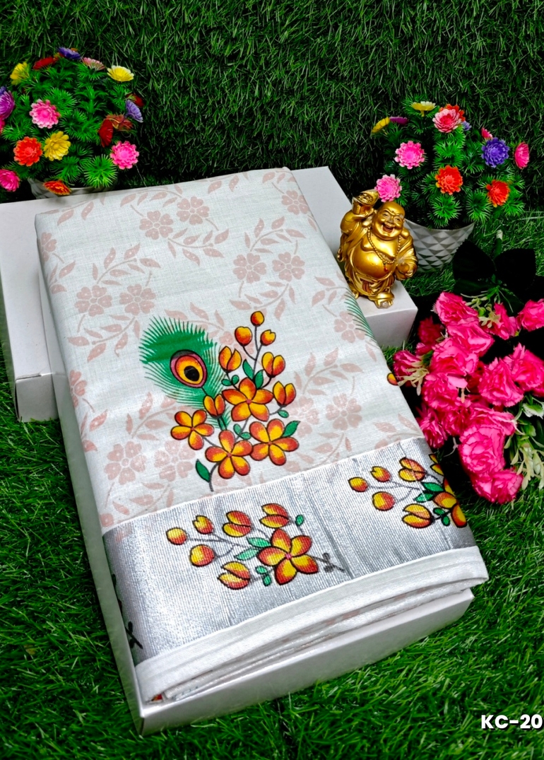 TRENDING KERALA SPECIAL FULL WORK EMBOSSED DIGITAL PRINTING TISSUE SAREE COLLECTIONS - SILVAR (5)