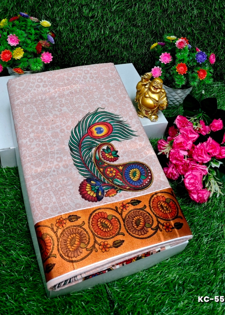 TRENDING KERALA SPECIAL FULL WORK EMBOSSED DIGITAL PRINTING TISSUE SAREE COLLECTIONS - CREAM (4)