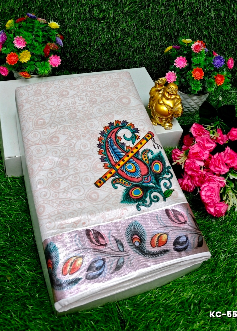 TRENDING KERALA SPECIAL FULL WORK EMBOSSED DIGITAL PRINTING TISSUE SAREE COLLECTIONS - WHITE (10)