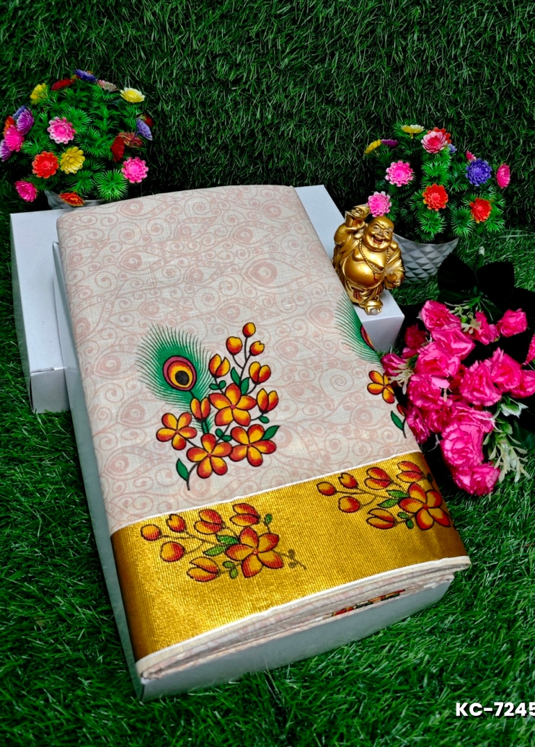 TRENDING KERALA SPECIAL FULL WORK EMBOSSED DIGITAL PRINTING TISSUE SAREE COLLECTIONS - WHITE (11)