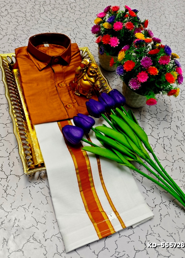 SHIRTS & DHOTIS COMBO FOR MENS ADJUSTABLE DHOTIS WITH COLOUR MATCHING BORDER BEST CHOICE FOR BOYS - ORANGE N