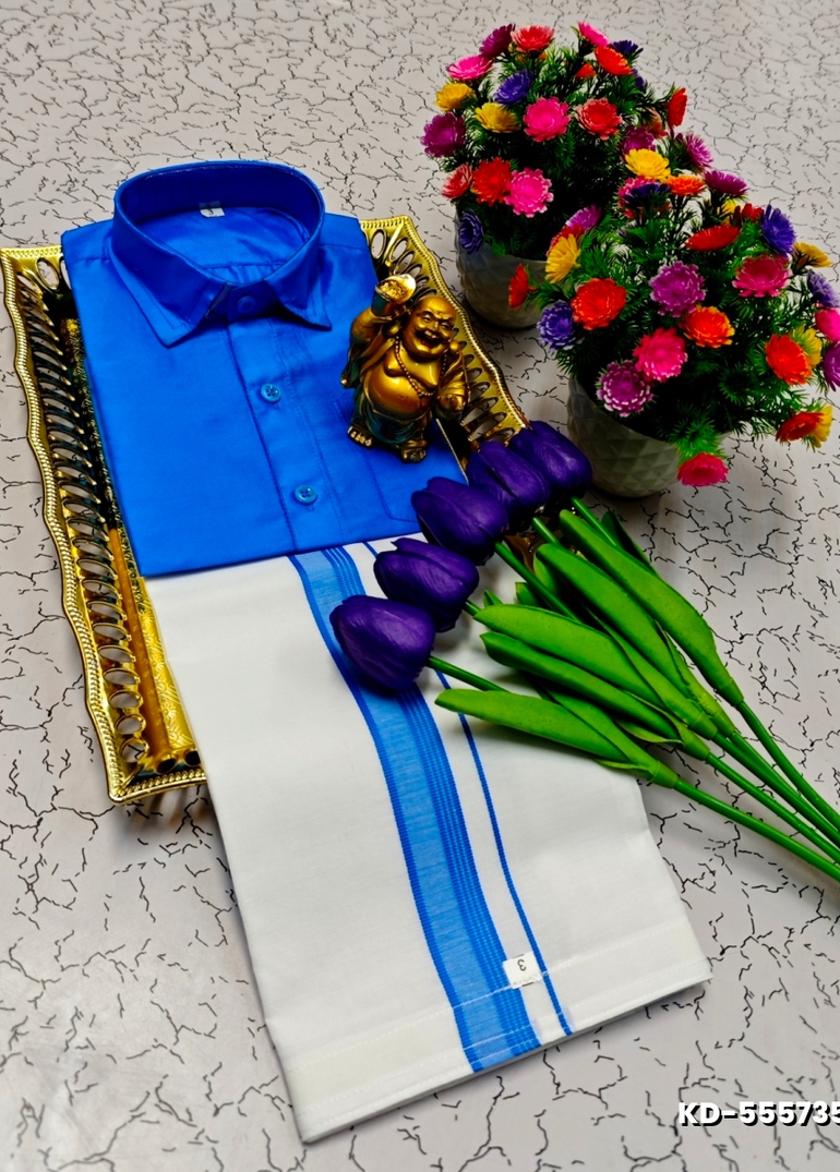 SHIRTS & DHOTIS COMBO FOR MENS ADJUSTABLE DHOTIS WITH COLOUR MATCHING BORDER BEST CHOICE FOR BOYS - DARK SKY BLUE