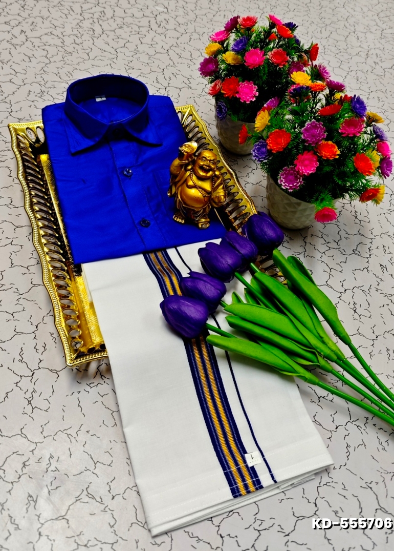 SHIRTS & DHOTIS COMBO FOR MENS ADJUSTABLE DHOTIS WITH COLOUR MATCHING BORDER BEST CHOICE FOR BOYS - ROYAL BLUE
