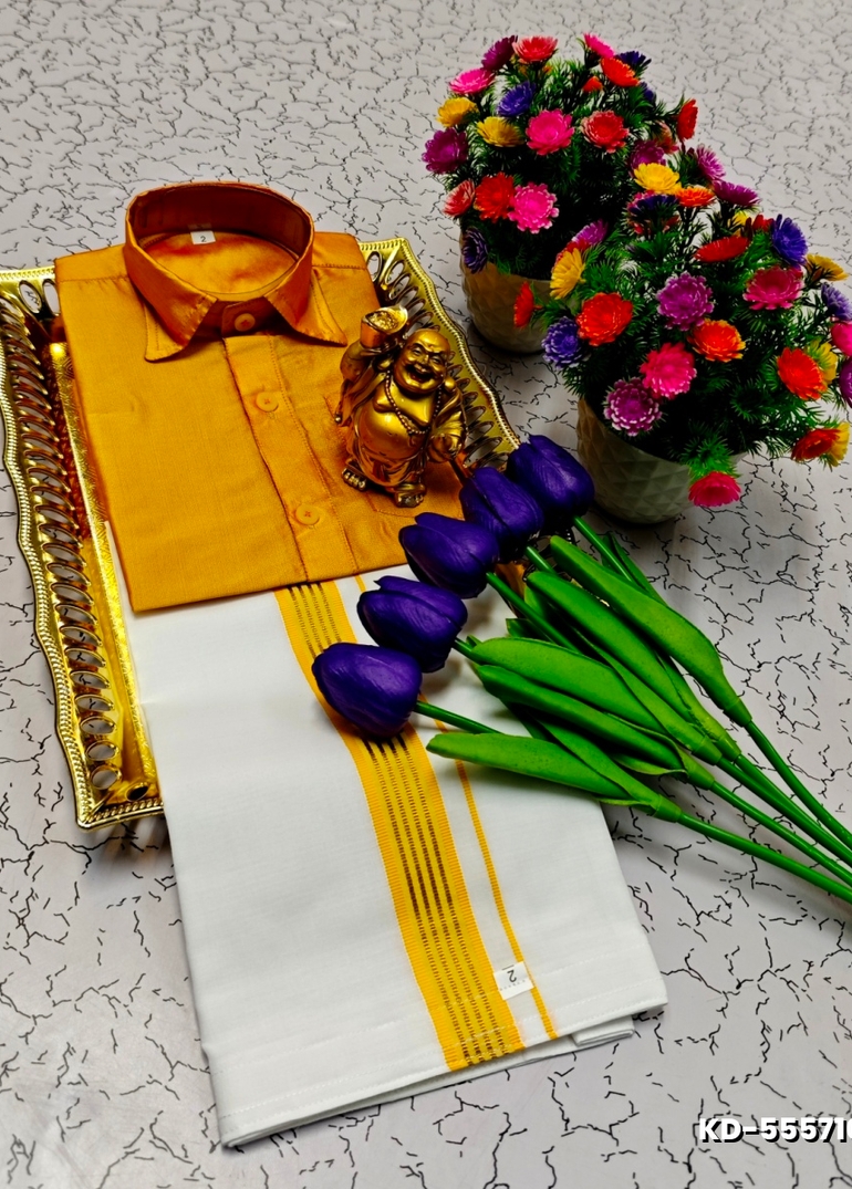 SHIRTS & DHOTIS COMBO FOR MENS ADJUSTABLE DHOTIS WITH COLOUR MATCHING BORDER BEST CHOICE FOR BOYS - YELLOW