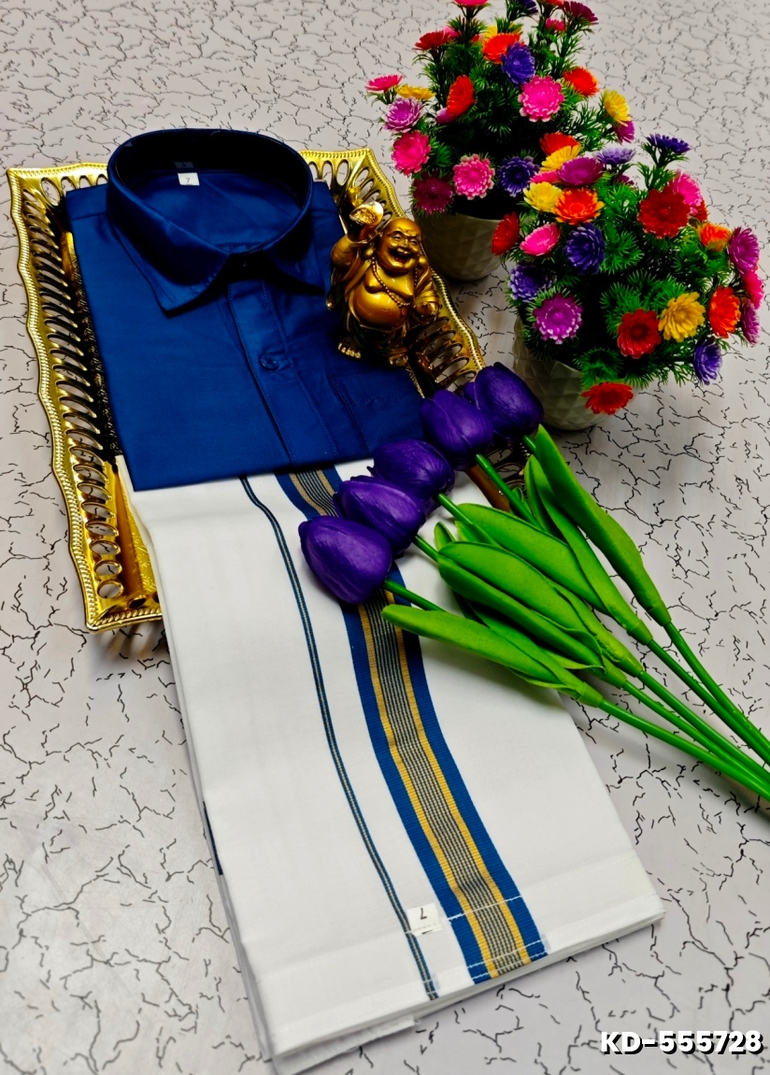 SHIRTS & DHOTIS COMBO FOR MENS ADJUSTABLE DHOTIS WITH COLOUR MATCHING BORDER BEST CHOICE FOR BOYS - BULE