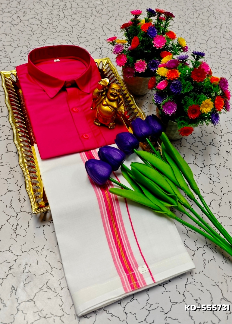 SHIRTS & DHOTIS COMBO FOR MENS ADJUSTABLE DHOTIS WITH COLOUR MATCHING BORDER BEST CHOICE FOR BOYS - DARK PINK