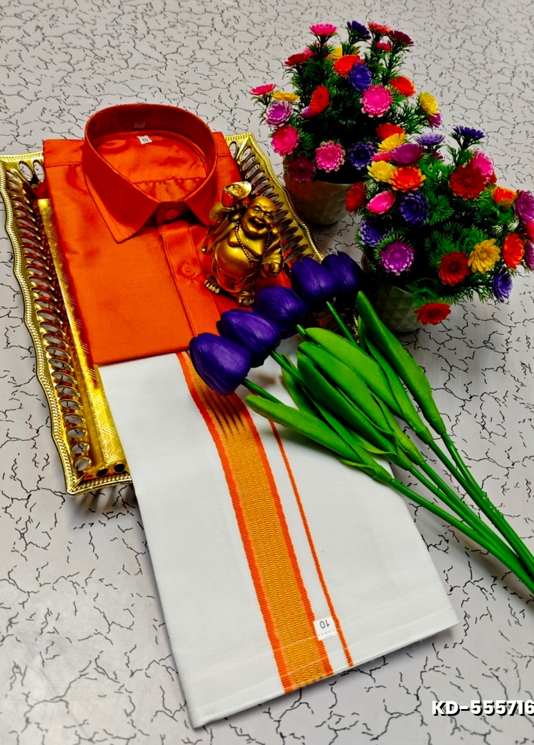 SHIRTS & DHOTIS COMBO FOR MENS ADJUSTABLE DHOTIS WITH COLOUR MATCHING BORDER BEST CHOICE FOR BOYS - ORANGE