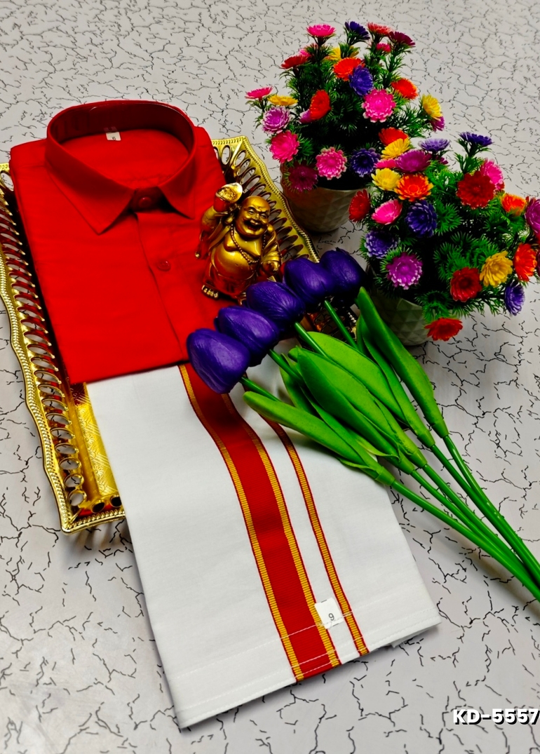 SHIRTS & DHOTIS COMBO FOR MENS ADJUSTABLE DHOTIS WITH COLOUR MATCHING BORDER BEST CHOICE FOR BOYS - RED