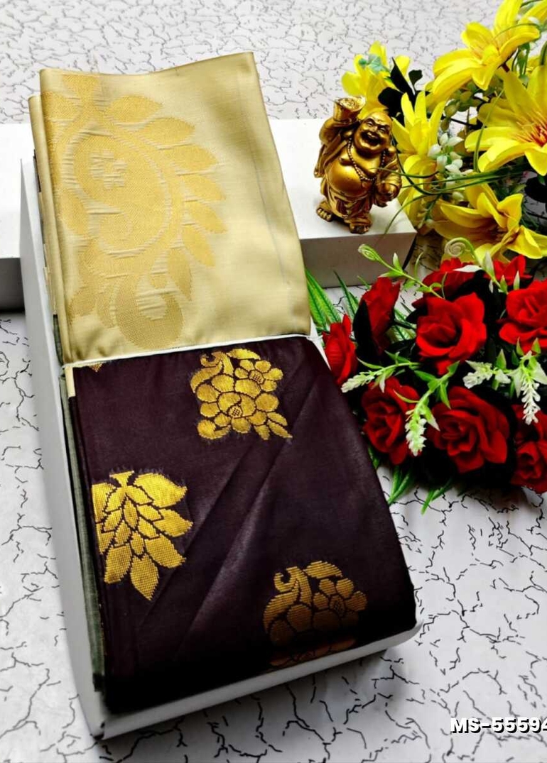 MODERN FANCY  SOFT SILK SAREES WITH BUTTA DESIGN - DARK BROWN