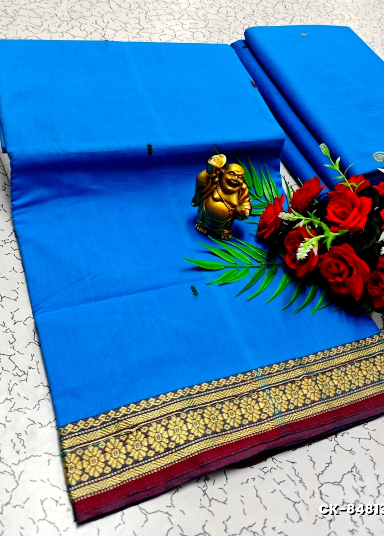 PURE COTTON JARI BORDER SAREES SUMMER SPECIAL COLLECTION - DARK SKY BLUE