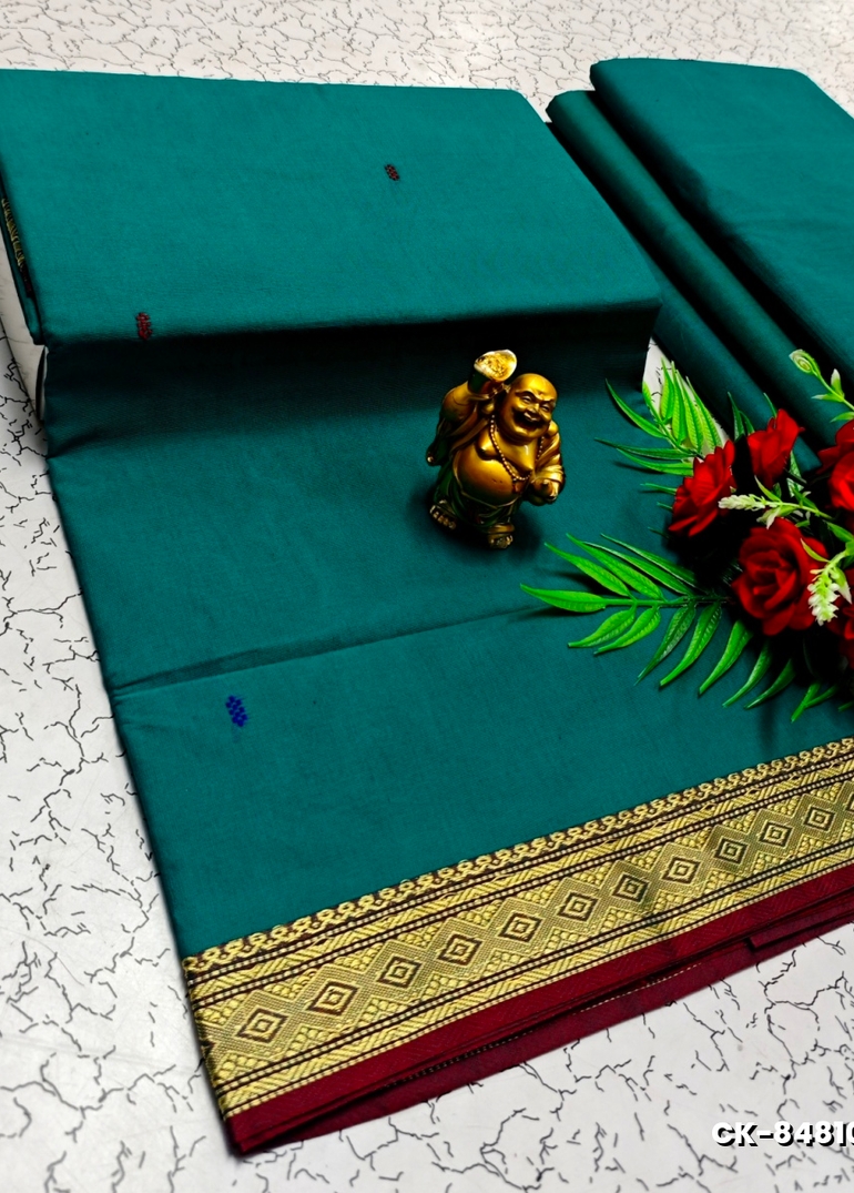PURE COTTON JARI BORDER SAREES SUMMER SPECIAL COLLECTION - TEAL COLOUR