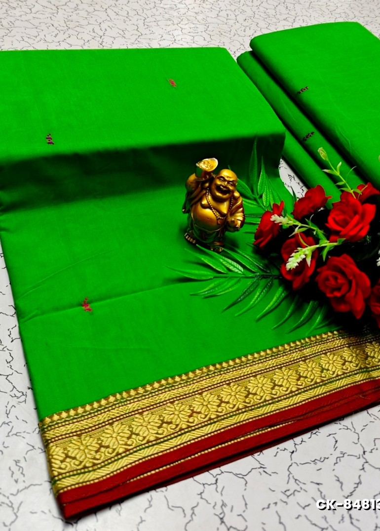 PURE COTTON JARI BORDER SAREES SUMMER SPECIAL COLLECTION - BOTTLE GREEN