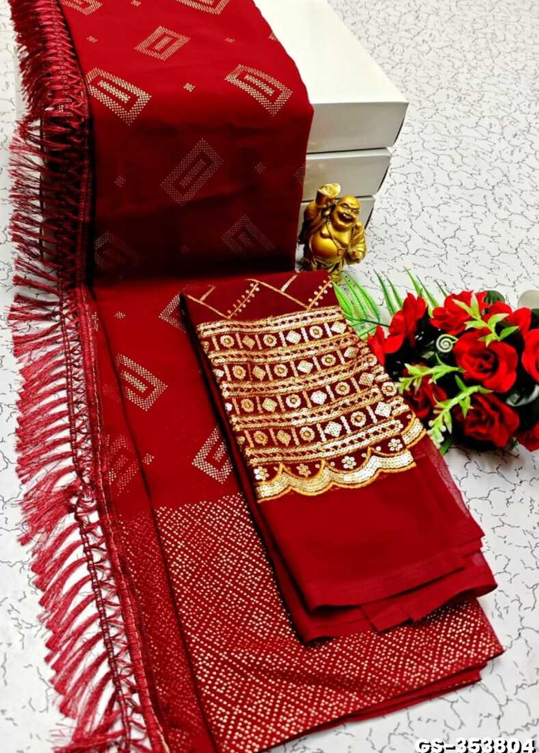 GEORGETTE FANCY SOFT SILK SAREES WITH BLOUSE MODERN FANCY SAREES - RED