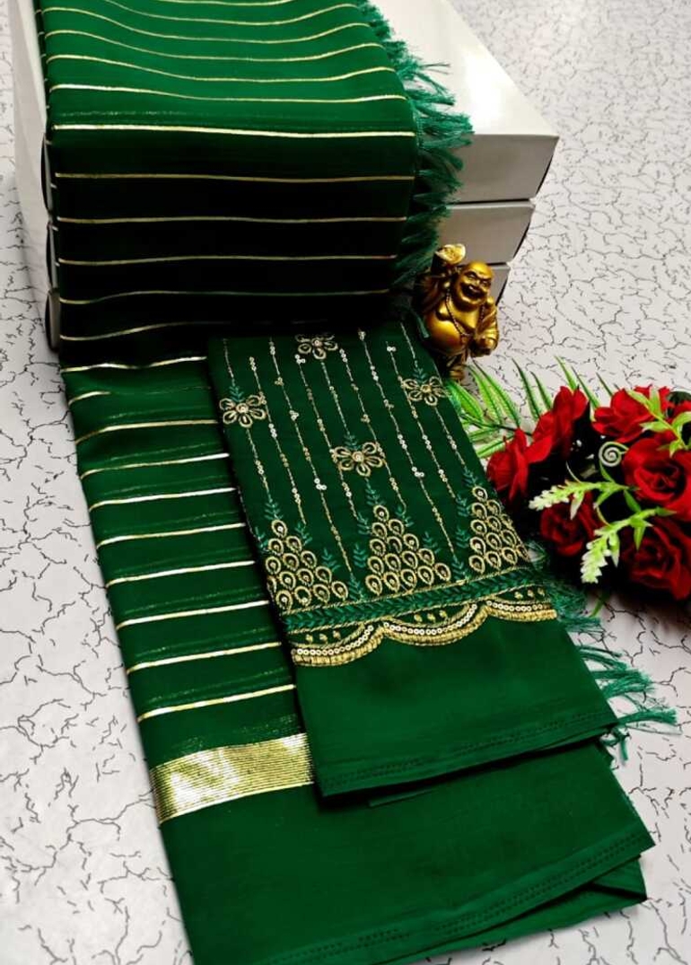 GEORGETTE FANCY SOFT SILK SAREES WITH BLOUSE MODERN FANCY ITEM SAREES- DARK GREEN