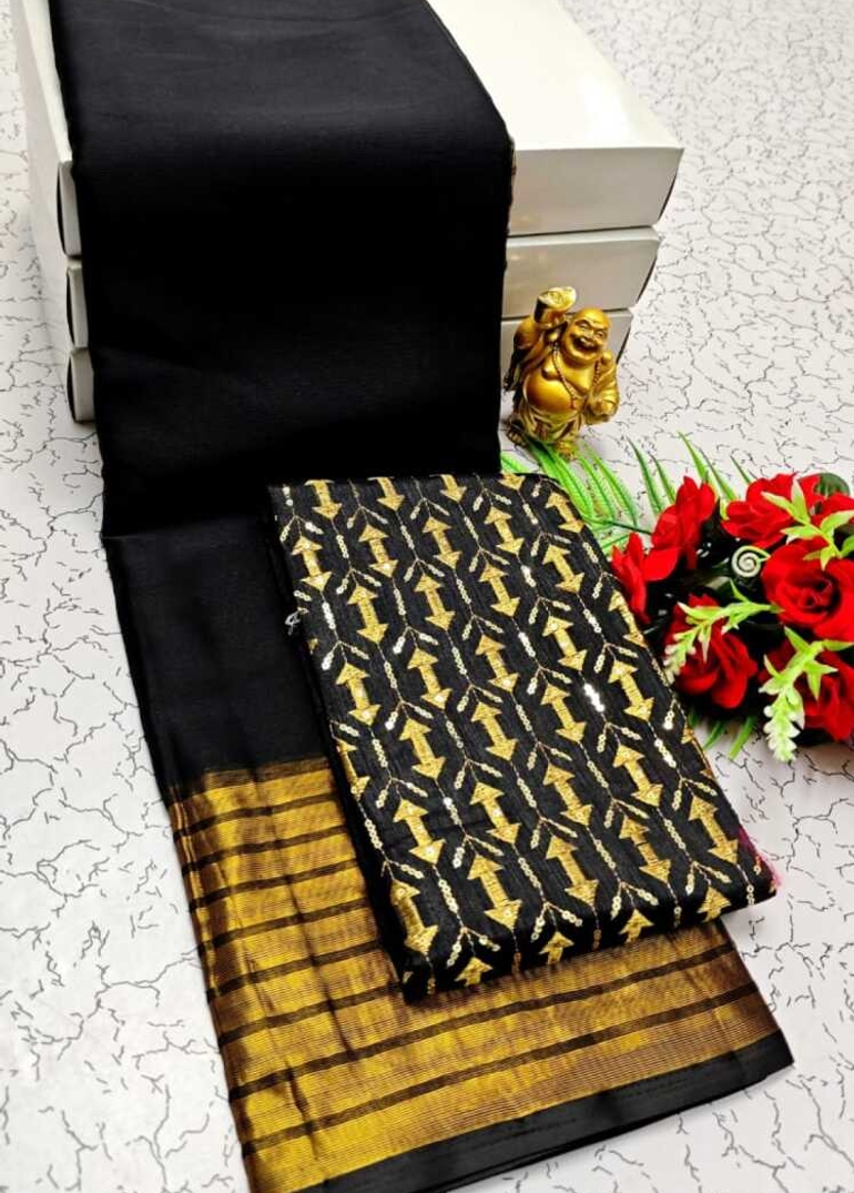 GEORGETTE FANCY SOFT SILK SAREES WITH BLOUSE MODERN FANCY ITEM SAREES- BLACK