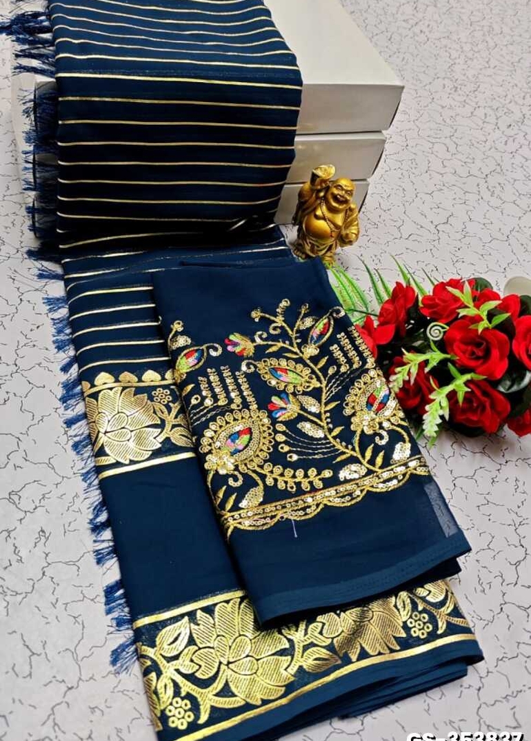 GEORGETTE FANCY SOFT SILK SAREES WITH BLOUSE MODERN FANCY ITEM SAREES - LIGHT BLUE