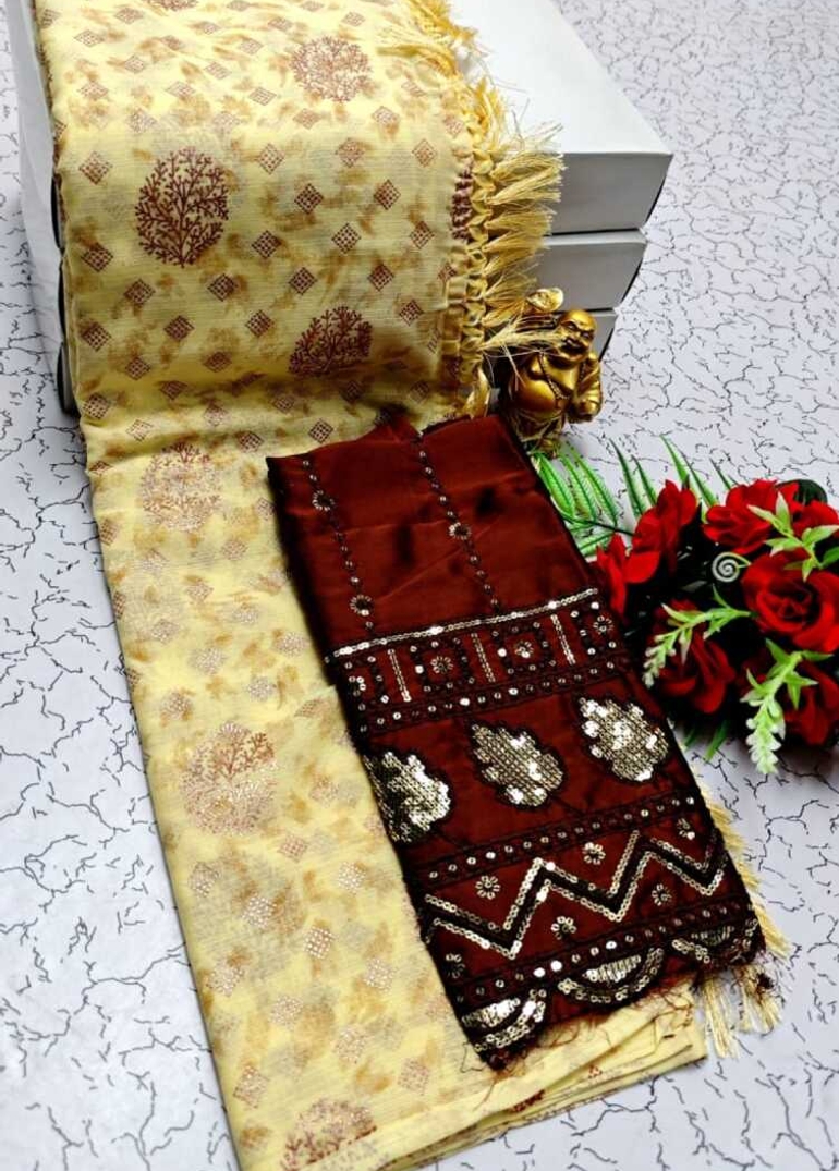 GEORGETTE FANCY SOFT SILK SAREES WITH BLOUSE MODERN FANCY  SAREES - LIGHT YELLOW