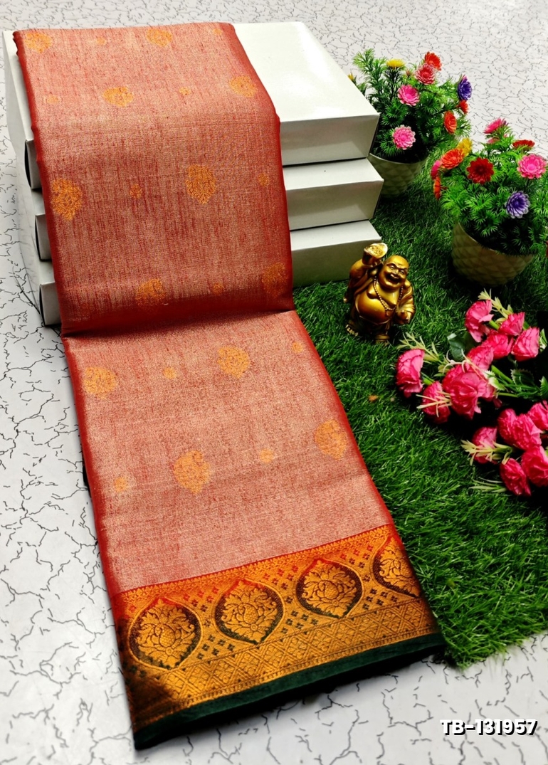 KANCHIPURAM TISSUE TRENDING DESIGN FANCY DHARMAVARAM SILK SAREES - LIGHT ORANGE