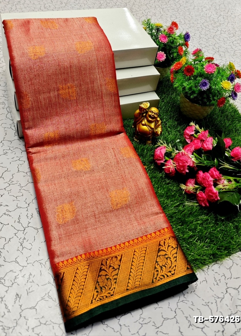 KANCHIPURAM TISSUE TRENDING DESIGN FANCY DHARMAVARAM SILK SAREES - PURPLE - ORANGE N