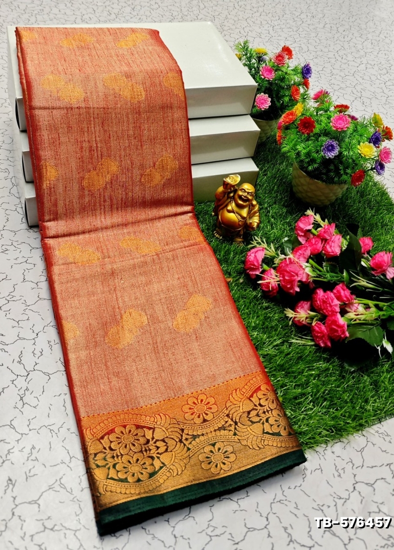 KANCHIPURAM TISSUE TRENDING DESIGN FANCY DHARMAVARAM SILK SAREES - PURPLE - LIGHT ORANGE