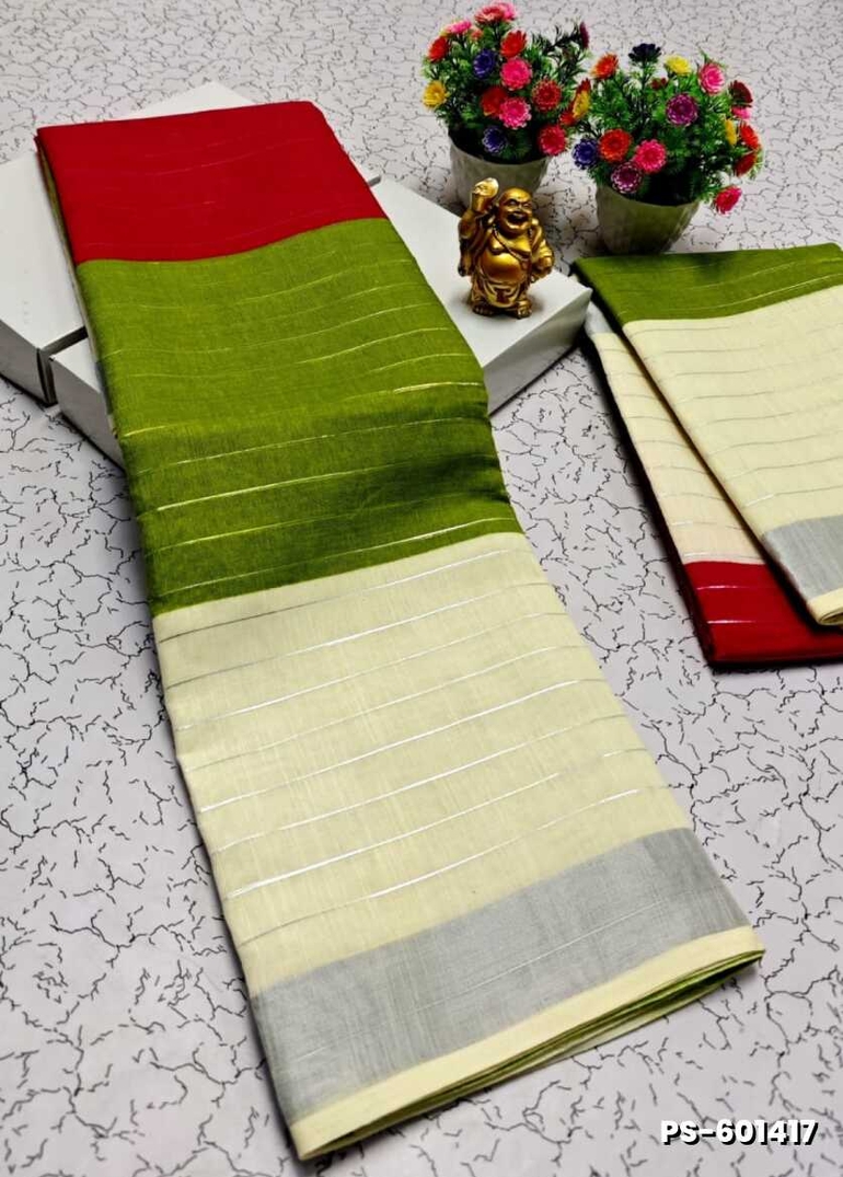 PUSHPA 2 LINEN COTTON SAREES - OLIVE GREEN
