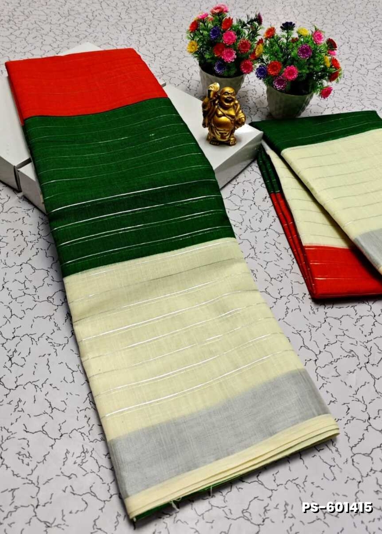 PUSHPA 2 LINEN COTTON SAREES - GREEN