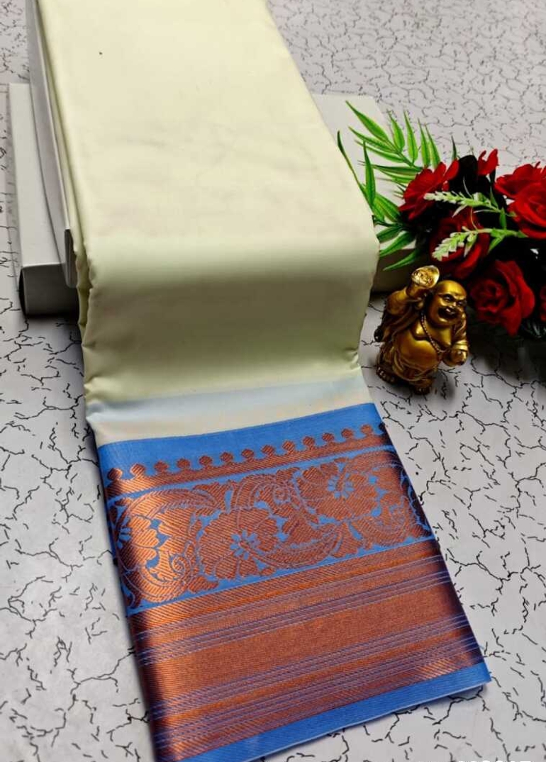 FANCY PLAIN SOFT SILK SAREES  COPPER DESIGN BORDER  -WHITE