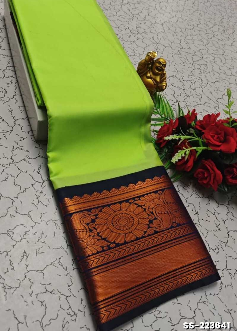 FANCY PLAIN SOFT SILK SAREES  COPPER DESIGN BORDER  - LIGHT GREEN