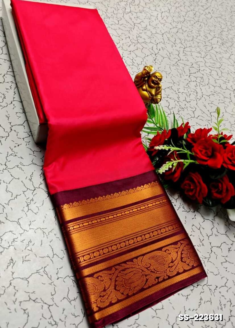 FANCY PLAIN SOFT SILK SAREES  COPPER DESIGN BORDER  -  DARK PINK
