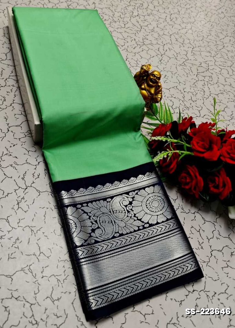 FANCY PLAIN SOFT SILK SAREES SILVAR DESIGN BORDER  - LIGHT GREEN SHADE