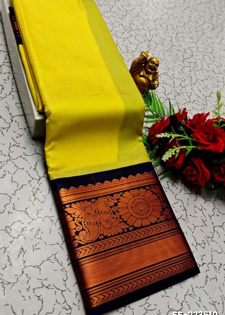 FANCY PLAIN SOFT SILK SAREES COPPER DESIGN BORDER  -YELLOW