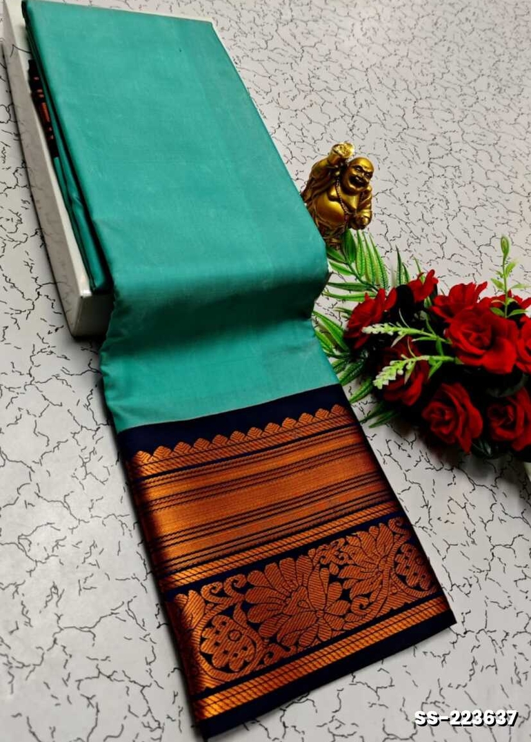 FANCY PLAIN SOFT SILK SAREES  COPPER DESIGN BORDER  -  LIGHT BLUE