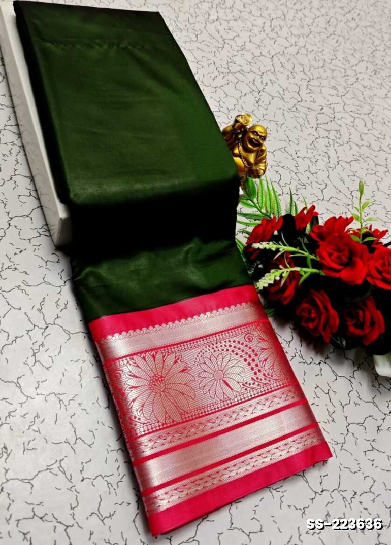 FANCY PLAIN SOFT SILK SAREES SILVAR  DESIGN BORDER  - BOTTLE GREEN