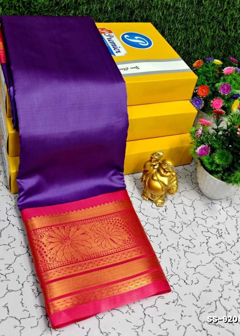 FANCY PLAIN SOFT SILK SAREES COPPER DESIGN BORDER  -PURPLE COLOUR (1)