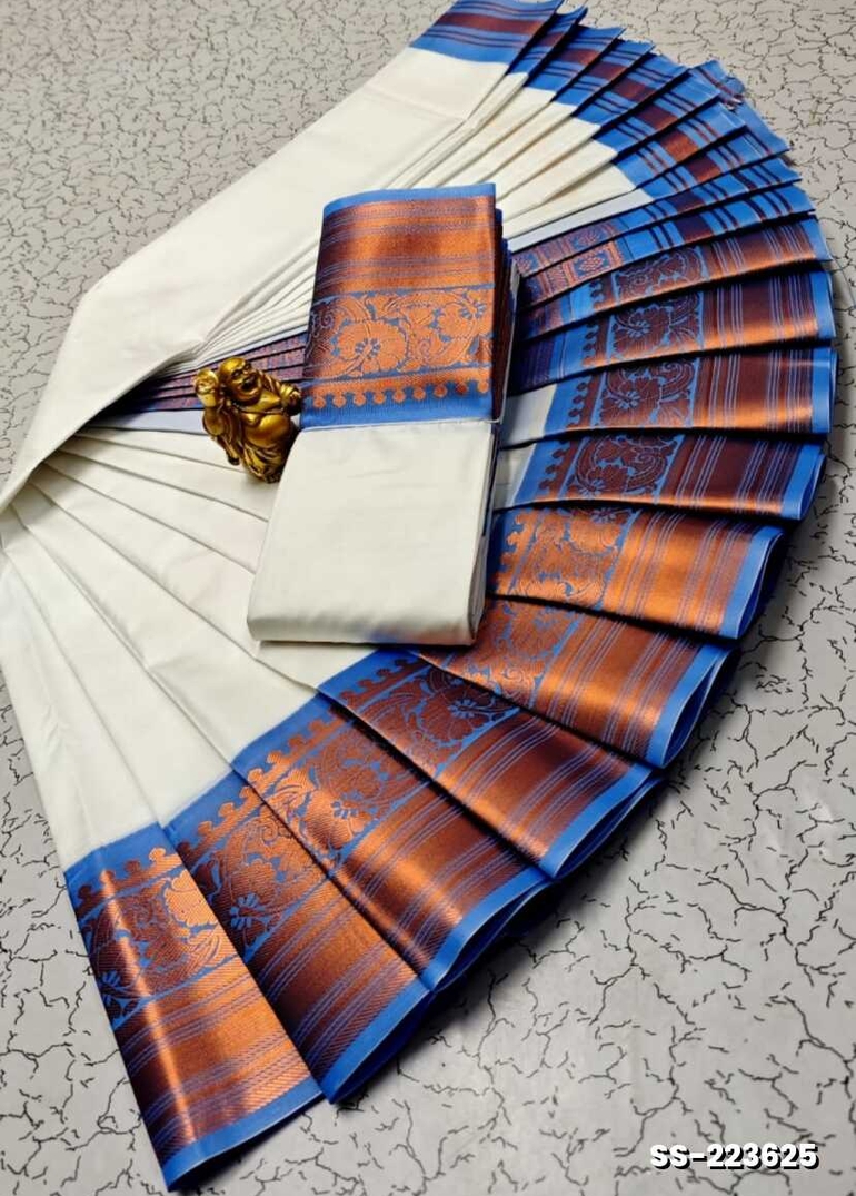 FANCY PLAIN SOFT SILK SAREES  COPPER DESIGN BORDER  -WHITE