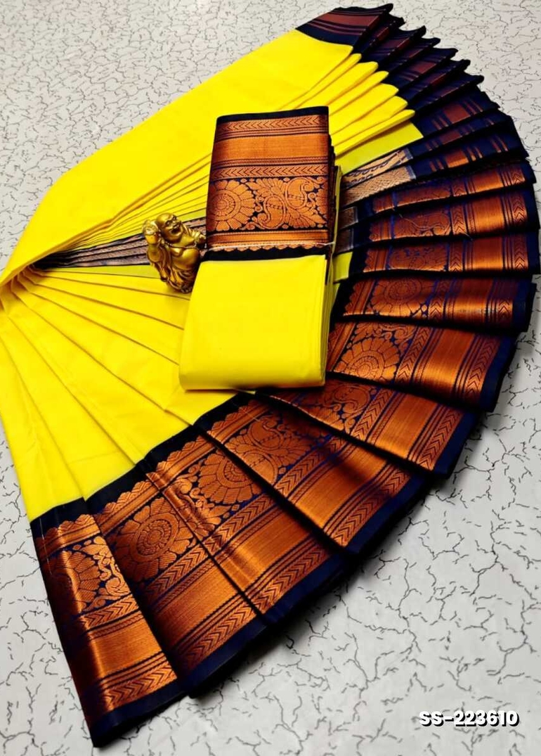FANCY PLAIN SOFT SILK SAREES COPPER DESIGN BORDER  -YELLOW
