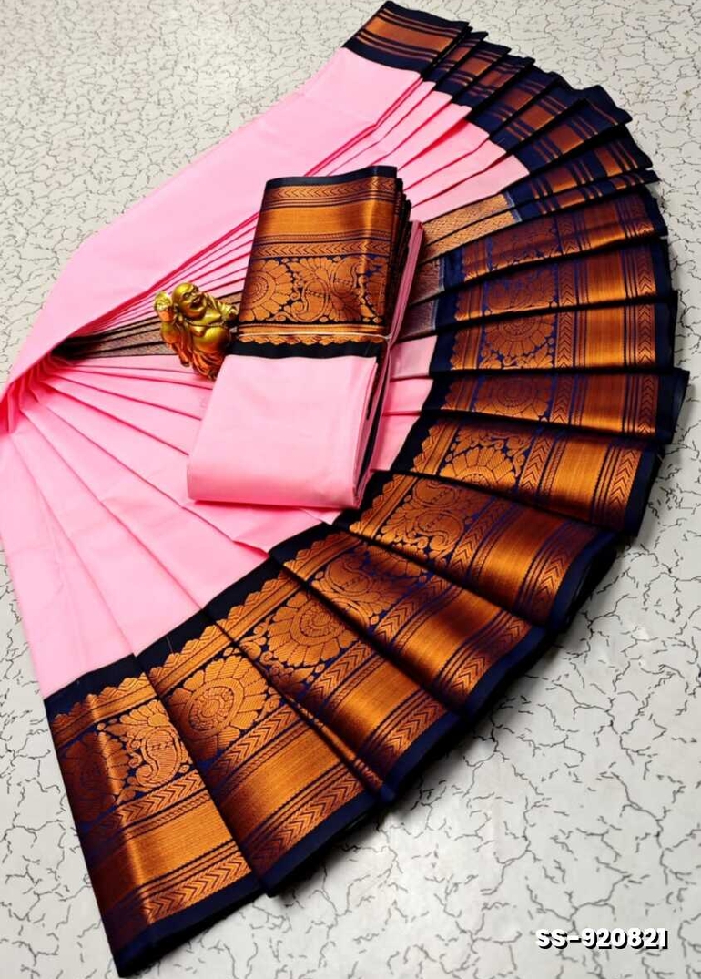FANCY PLAIN SOFT SILK SAREES COPPER  DESIGN BORDER   - BABY PINK