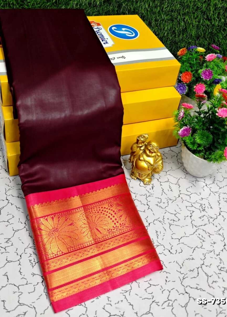 FANCY PLAIN SOFT SILK SAREES COPPER DESIGN BORDER - PURPLE COLOUR (2)