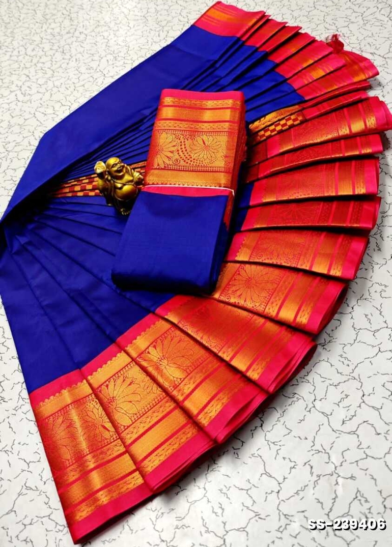 FANCY PLAIN SOFT SILK SAREES COPPER  DESIGN BORDER  - ROYAL BLUE (1)