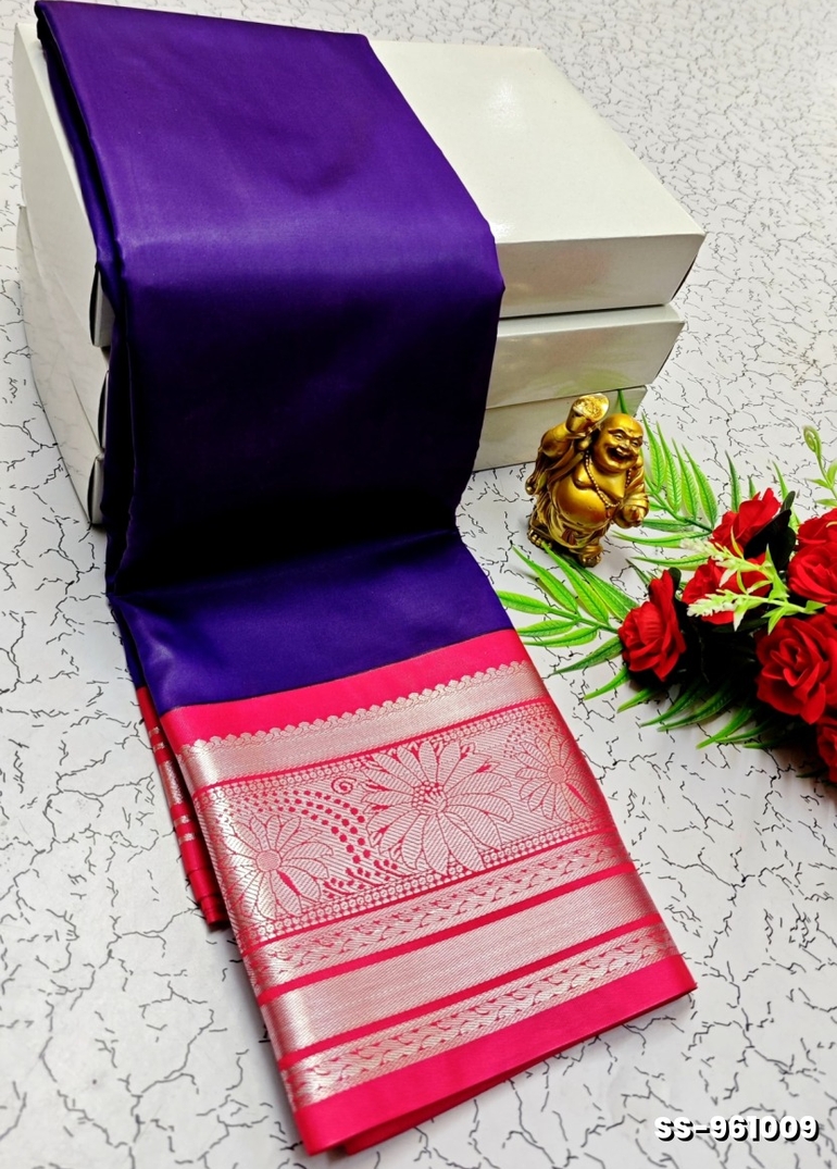 FANCY PLAIN SOFT SILK SAREES SILVAR DESIGN BORDER  - PURPLE COLOUR