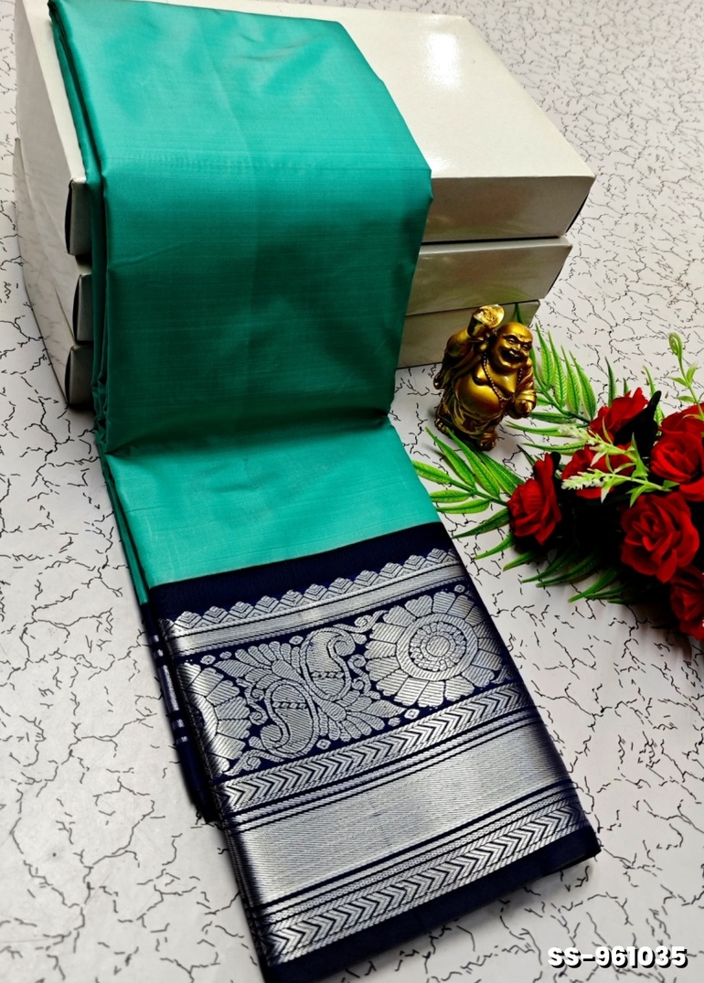 FANCY PLAIN SOFT SILK SAREES SILVAR DESIGN BORDER  - DARK SKY BLUE