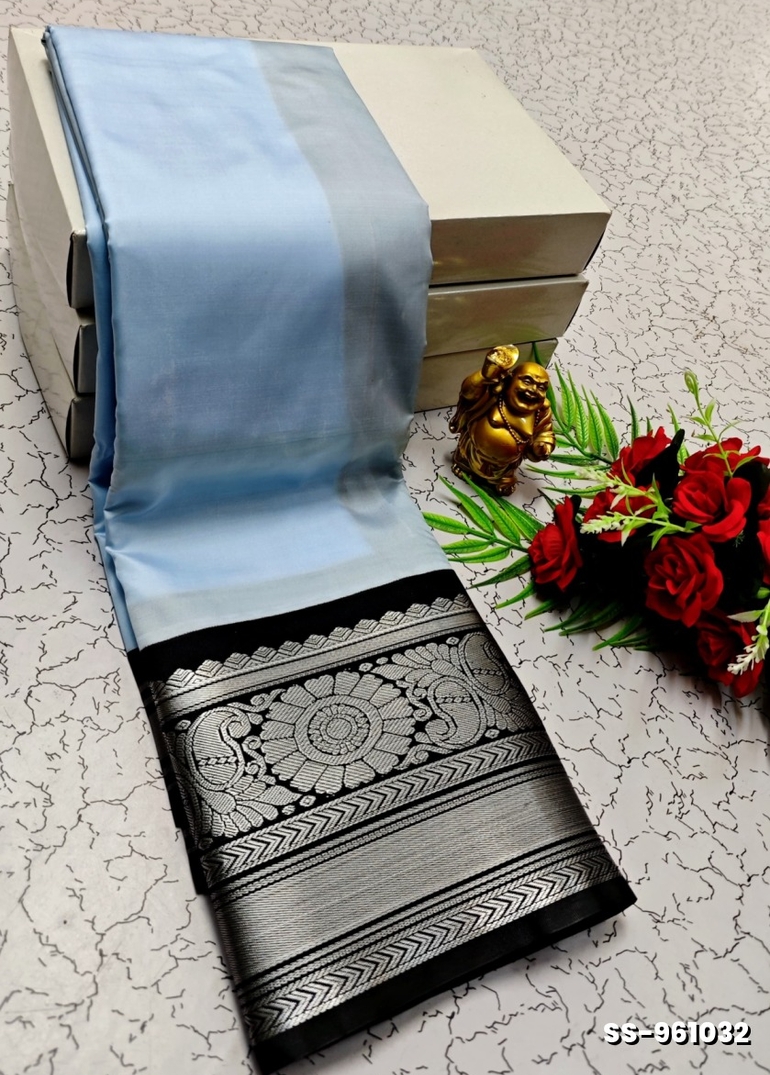 FANCY PLAIN SOFT SILK SAREES SILVAR DESIGN BORDER  - LIGHT SKY BLUE